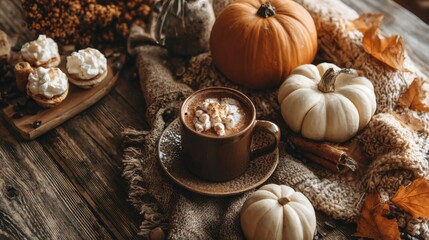 Cozy Autumn Setting With Pumpkin Spice Drink and Seasonal Decor Perfect for Gratitude Posts