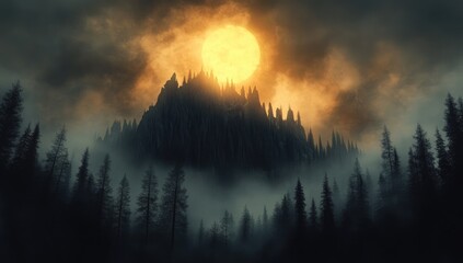 Fototapeta premium A large, dark mountain range rises into a stormy, orange-lit sky, looming over a misty forest