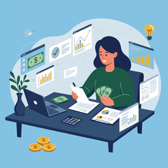 Vector illustration of a female accountant at work, calculating her business profits
