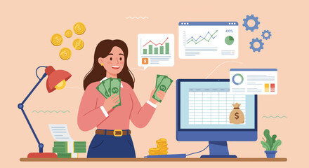 Vector illustration of a female accountant being happy because her business is profitable