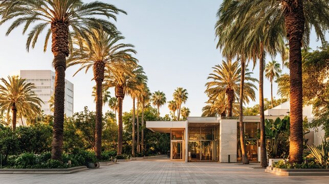 Entryway framed by tall palm trees under sunny sky