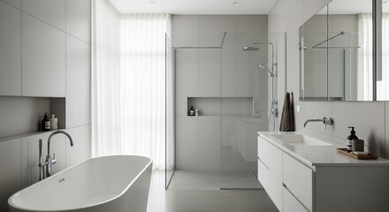 Modern Minimalist Bathroom Design with Freestanding Tub and Walk-in Shower