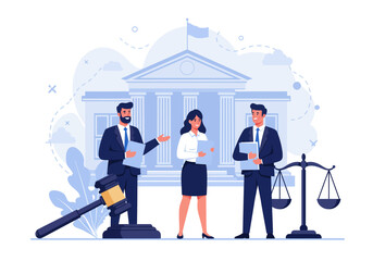 Vector illustration of a male and female reader standing in front of a court office