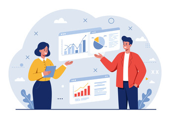 Businessman and businesswoman vector present success concepts with finance charts