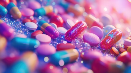 Colorful pills and capsules, vibrant and glittery, close-up