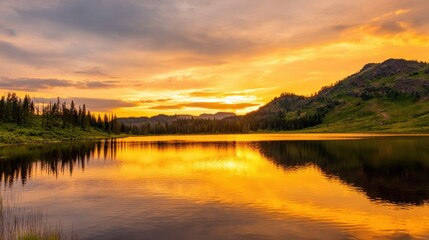 Fototapeta premium Serene sunset over a tranquil lake surrounded by lush mountains and trees reflecting in water