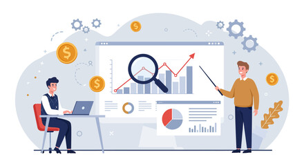 Business people in an office work on laptops, collaborating as a team using technology and the internet for success