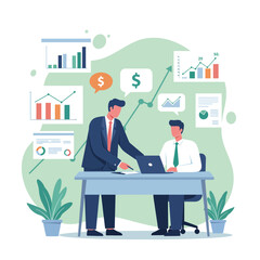 Business people cartoon characters work on laptops in a modern office concept vector illustration