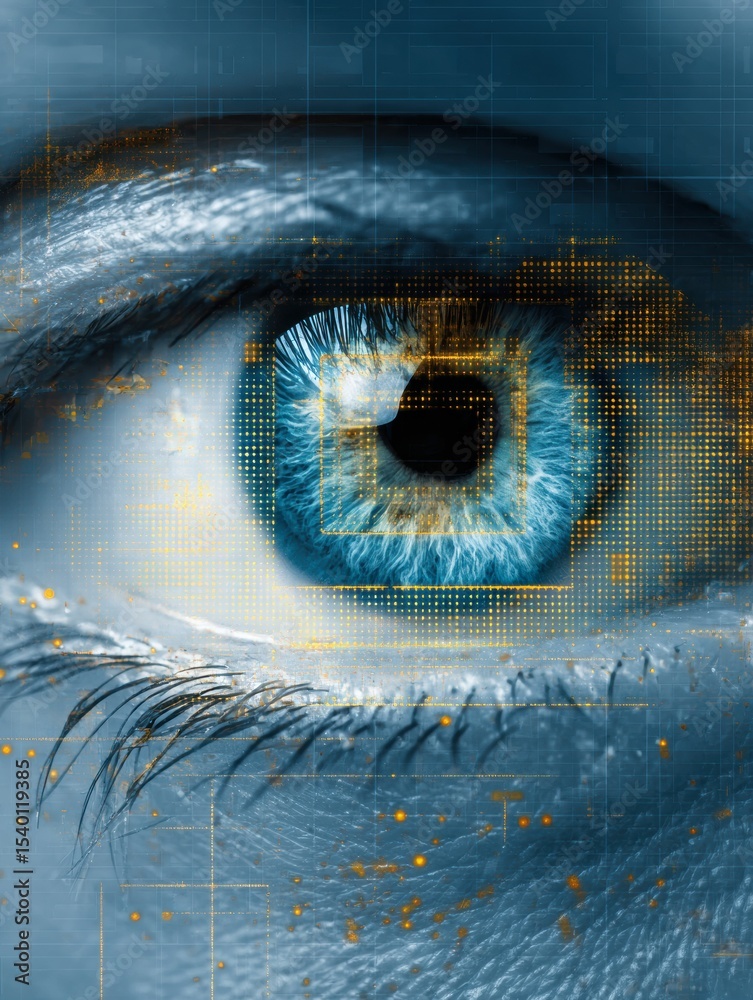 Poster stylized eye featuring a digital iris scan highlights themes of surveillance awareness and privacy c