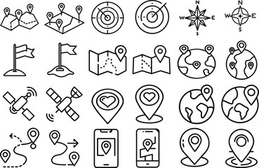 Set of 24 outline icons related to Location Track. Linear icon collection. Editable stroke. Vector illustration	