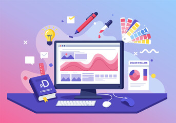 Flat design vector illustration of a modern software creative tools for graphic designer