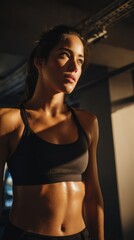 A woman is standing in a gym with a black tank top on