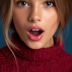 A girl with a red sweater and a pink lip color