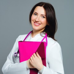 A woman wearing a white lab coat and holding a pink folder