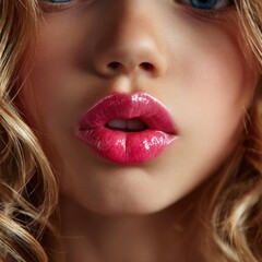 A girl with a red sweater and a pink lip color