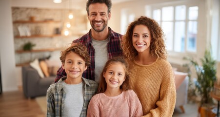 A family of four, including a man and three children, are smiling for the camera