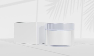 white minimal cosmetic cream jar mockup with leaf shadow on white background