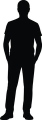 Silhouette of a man standing with hands in pockets on white background