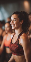 A woman in a red tank top is smiling