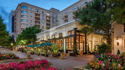 Upscale courtyard with foliage, lights, restaurant, and architecture at twilight