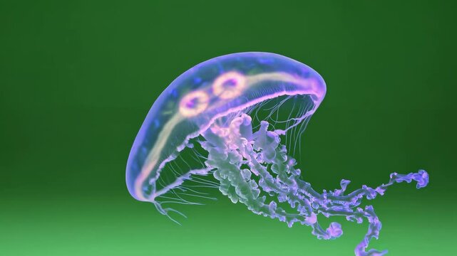 Graceful bioluminescent jellyfish swimming against green backdrop in high definition
