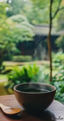 Steaming bowl of tea, garden view