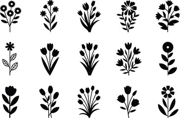 Collection of fifteen black and white flower and plant illustrations