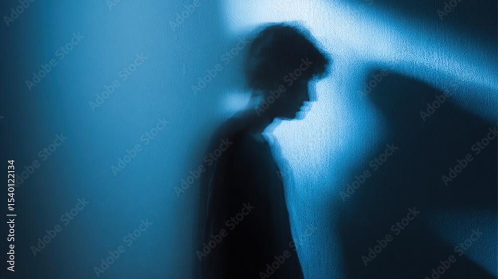 Poster Shadowy Figure Fading Into a Blue Background in a Mysterious and Atmospheric Setting