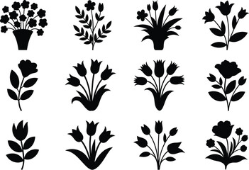 Twelve floral silhouette designs arranged in a grid on white background