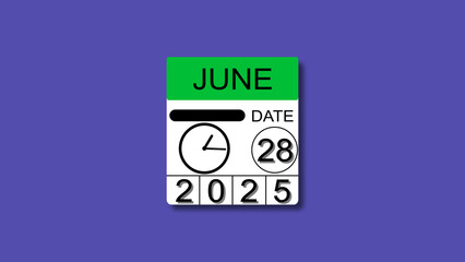 June 28 date 2025 illustration . calendar animation on a black background. and stunning 4k illustration .
