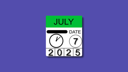 July 7 date 2025 illustration . calendar animation on a black background. and stunning 4k illustration .