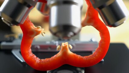 A close up shot of a red bell pepper slice under a microscope with visible seeds and the microscope lens - Powered by Adobe