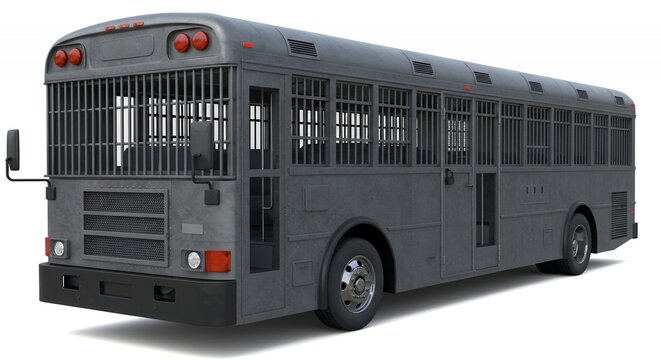 3D Rendered Prison Transport Bus with Metal Bars on White Background