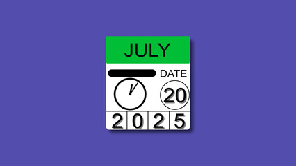 July 20 date 2025 illustration . calendar animation on a black background. and stunning 4k illustration .