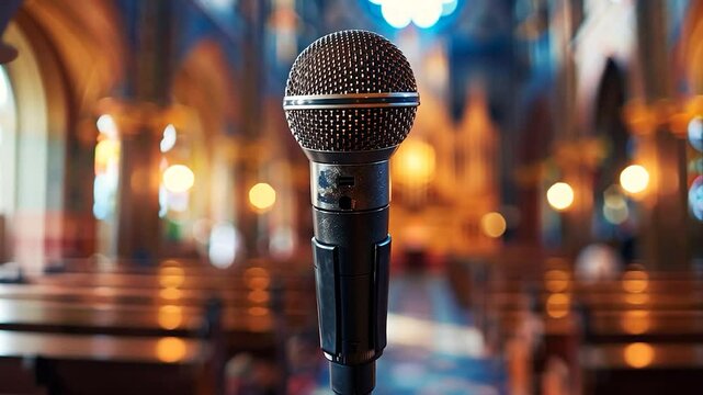 The microphone stands prominently in the foreground as the beautiful interior of a church serves as a backdrop for an online sermon	