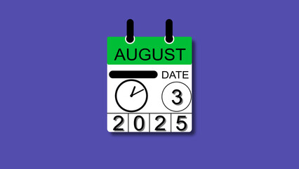August 3 date 2025 illustration . calendar animation on a black background. and stunning 4k illustration .