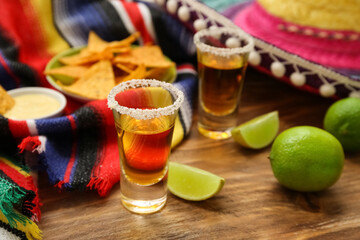 Shots of tequila, lime and nachos on wooden background