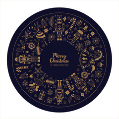 Сhristmas circle composition in Scandinavian style with traditional Christmas and New Year elements. Сute motifs from the ballet Nutcracker. Vector template. Retro design. Gift boxes