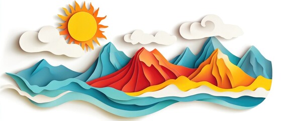 Colorful paper-cut landscape with mountains, sun, and clouds