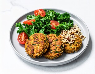 Fototapeta premium Plate shows cutlets with leafy greens and tomato pieces, and some grain mix, on a white surface ready to eat as a lunch or dinner meal, healthy food.