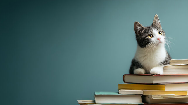 A curious cat sitting on a stack of books with space around