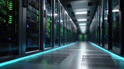 A long, symmetrical corridor in a data center, lined with server racks and glowing floor lights.