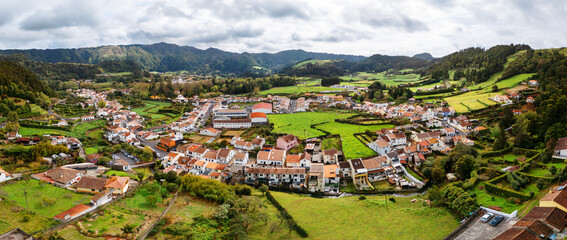 Aerial View of Furnas Village in Verdant São Miguel, Azores – Tranquil Landscape of Portugal’s Volcanic Heart