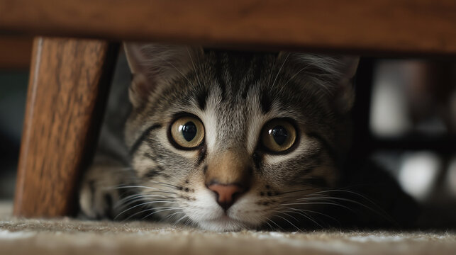 Curious tabby cat gazing from under a wooden table