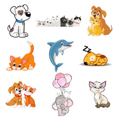 Vector art of adorable pets and a playful dolphin, isolated on transparent background