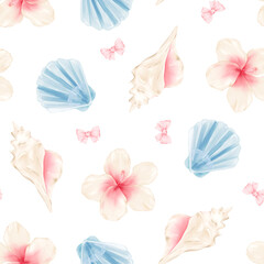 Watercolor seamless pattern with seashells, tropical flowers and pink bows. Hand-drawn illustration. Great for textiles, wallpaper, packaging, stationery, nursery, beach decor, feminine projects