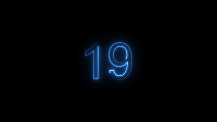 A glowing neon 19 number illustration . on a black background. and creating a illustration stunning 4k illustration .