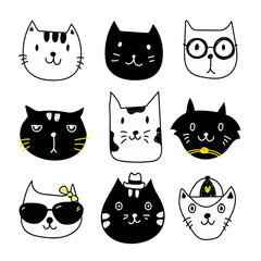 Vector art of nine stylish monochrome cat faces, isolated on white background
