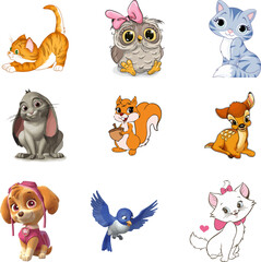 Vector art of nine adorable cartoon animals, isolated on white background