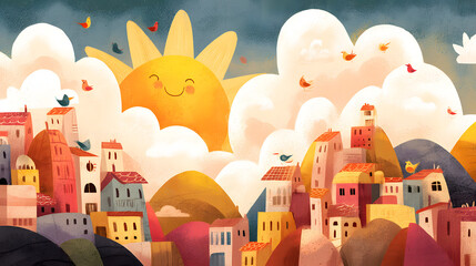 storybook cartoon illustration of a smiling sun